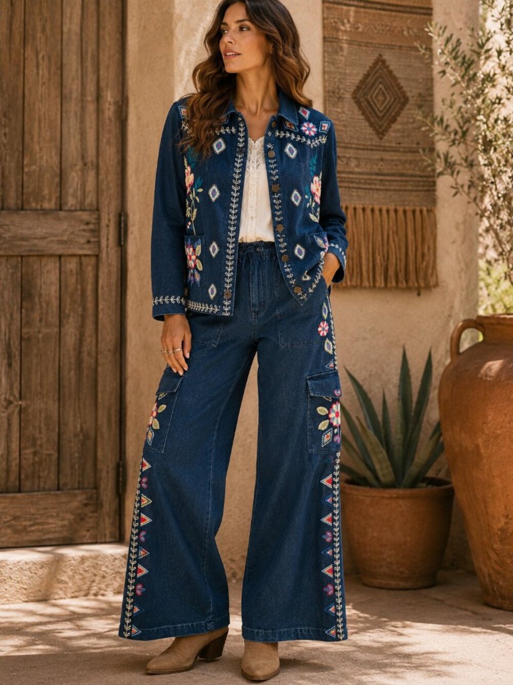 Johnny Was Mila Embroidered Denim Jacket Wide Leg Pants Set S Western